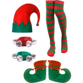 Women Christmas Elf Costume Girls Wrist Bells Xmas Hat Shoes Striped Stockingss Cosplay for Adult Xmas Party