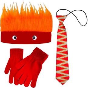 4 Pcs Angry Fire Costume for Halloween Include Flame Hairy Headband Red Textured Tie Red Knitted Gloves and DIY Eyes for Cosplay Angry Dress up Party Supplies