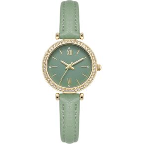 MOVEBEST Women's Quartz Watch with Three Hands, Crystal Stone Green dial with Diamond Inlay, Simulated Display Screen and Leather Strap Watch