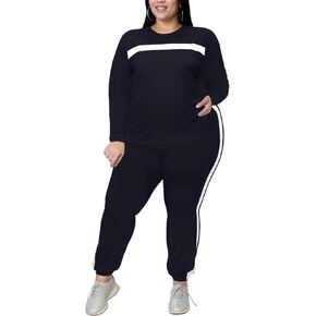 Remxi Women's Plus Size Two Piece Outfits For Women Striped Long Sleeves Sweatsuits Tracksuit Jogger Sets
