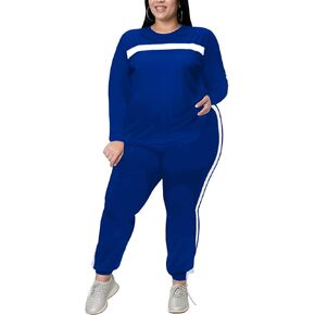 Remxi Women's Plus Size Two Piece Outfits For Women Striped Long Sleeves Sweatsuits Tracksuit Jogger Sets
