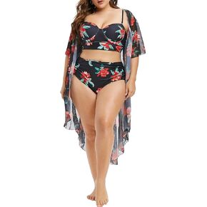 ROSE GAL Rosegal Plus Size Women 3 Piece Tankini Swimsuit Floral Print Underwire Push Up High Waisted Ruched Bathing Suit