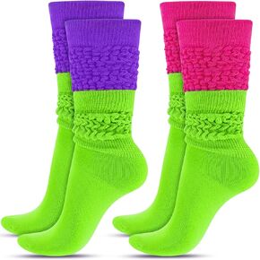 JenPen 2 Pairs Neon Slouch Socks for Women 80s 90s Scrunch Socks Heavy Soft Extra Long Scrunchie Socks Size 9 to 10(Rose Red-fluorescent Green, Purple)