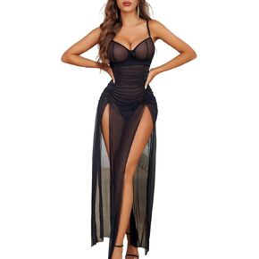Avidlove ثوب نوم مثير للنساء شبكة الأزهار الشق مطوي الملابس الداخلية مع Underwire الخامس الرقبة فستان طويل