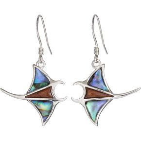 925 Sterling Silver Koa Wood and Abalone Shell Hawaiian Mauka to Makai Manta Ray Dangle Hook Earrings, Nickel Free Hypoallergenic for Sensitive Skin, Gift Box Included