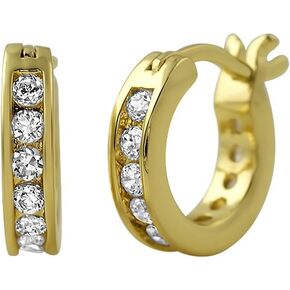 Classic Simple One Row Solitaire Thin Channel Set Iced Cz Yellow Gold Plated 925 Sterling Silver Unisex Trendy Cool Hypoallergenic Men Women 12mm Huggie Hoop Earrings