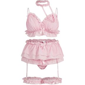 Verdusa Women's Plus Size Ruffled Lingerie Sets 6 Piece Bra and Panty with Garter Belt