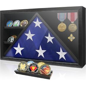 Flag Box Display Case for 5’ x 9.5’ Veterans Funeral Flag, Wooden Burial Flag Frames with HD Tempered Glass and Wall Mounted, Folded Military Flag Shadow Box for Badges Medals, and Coins