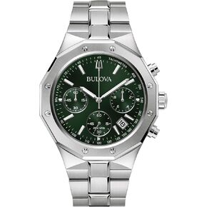 Bulova Men's Classic 6-Hand Chronograph High Performance Quartz Silver Stainless Steel Watch, Green Dial,Geometric Bezel 24 Hour Time, 44mm, Style:96B409