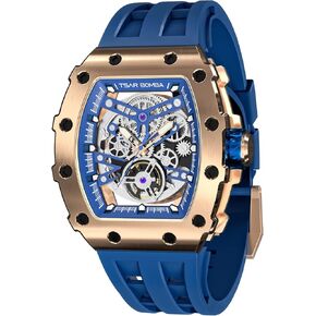 TSAR BOMBA Men's Automatic Watch Tonneau Luxury Skeleton Watches for Men Mechanical 50M Waterproof Analogue Watches Mens Unique Cool Square Big Face Dial Wristwatch with Silicone Strap Band