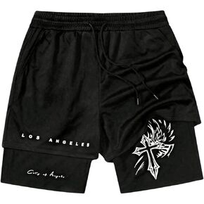 WDIRARA Men's 2 in 1 Athletic Running Shorts Graphic Drawstring Waist Workout Gym Shorts with Pockets