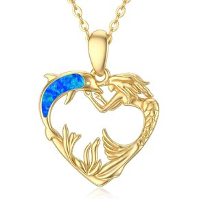 YDD 14K Solid Gold Mermaid Necklace for Women Dolphin Opal Necklace Heart Pendant Necklace Ocean Necklace 16''-18''