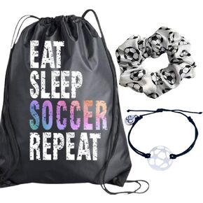 Sportybella Soccer Gift Bundle, Soccer Charm Bracelet, Drawstring Bag and Scrunchie Gift Set, Girls Soccer Accessories For Soccer Players and Teams
