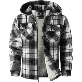 V VALANCH Mens Flannel Jacket with Hood Sherpa Lined Fleece Jacket Men Zip Up Plaid Hoodies Outdoor Winter Coat Black White Large