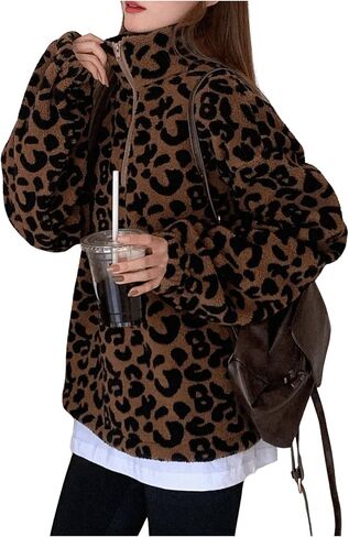 WDIRARA Women's Leopard Print Half Zip Fleece Sweatshirt in Saudi Arabia