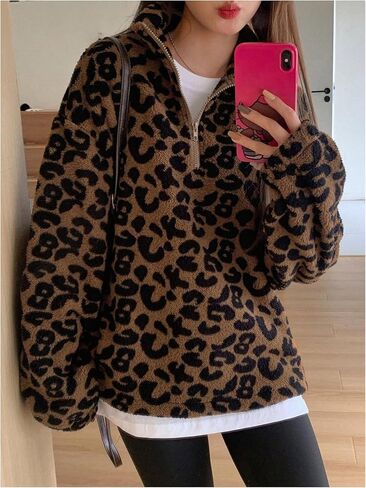 WDIRARA Women's Leopard Print Half Zip Fleece Sweatshirt in Saudi Arabia