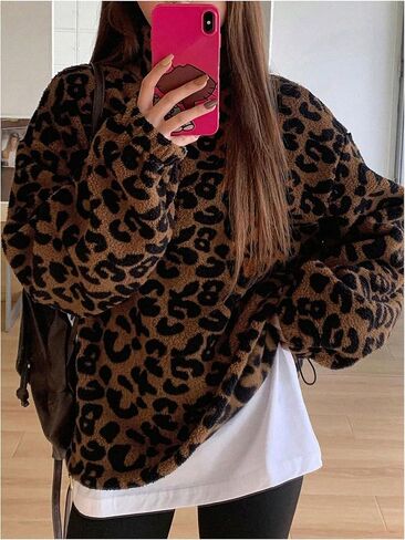 WDIRARA Women's Leopard Print Half Zip Fleece Sweatshirt in Saudi Arabia