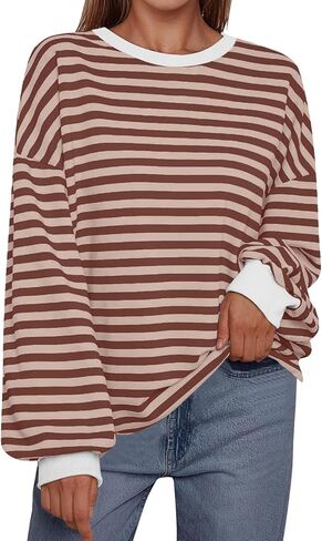 Women's Oversized Sweatshirt 2024 Fall Crewneck Striped Long Sleeve Shirts Y2K Outfit in Saudi Arabia