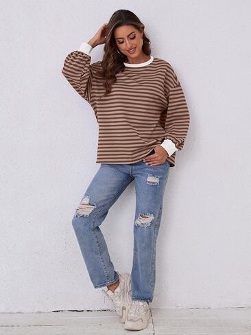 Women's Oversized Sweatshirt 2024 Fall Crewneck Striped Long Sleeve Shirts Y2K Outfit in Saudi Arabia