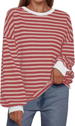 Women's Oversized Sweatshirt 2024 Fall Crewneck Striped Long Sleeve Shirts Y2K Outfit in Saudi Arabia