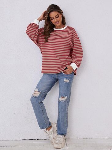 Women's Oversized Sweatshirt 2024 Fall Crewneck Striped Long Sleeve Shirts Y2K Outfit in Saudi Arabia
