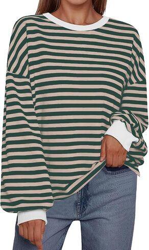 Women's Oversized Sweatshirt 2024 Fall Crewneck Striped Long Sleeve Shirts Y2K Outfit in Saudi Arabia