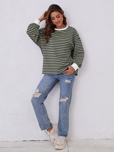 Women's Oversized Sweatshirt 2024 Fall Crewneck Striped Long Sleeve Shirts Y2K Outfit in Saudi Arabia