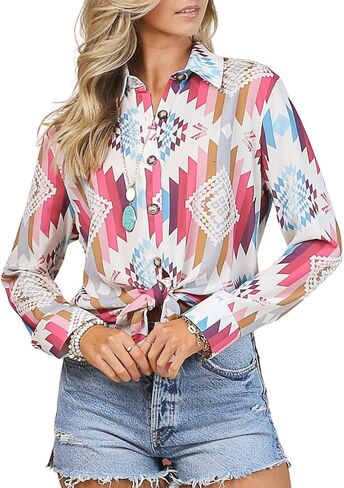 Womens Western Aztec Print Shirt Cowgirl Long Sleeve Button Down Tie Knot Shirt Top Tribal Rodeo Blouse in Saudi Arabia