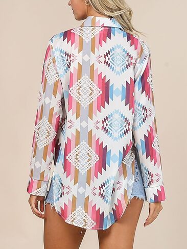 Womens Western Aztec Print Shirt Cowgirl Long Sleeve Button Down Tie Knot Shirt Top Tribal Rodeo Blouse in Saudi Arabia