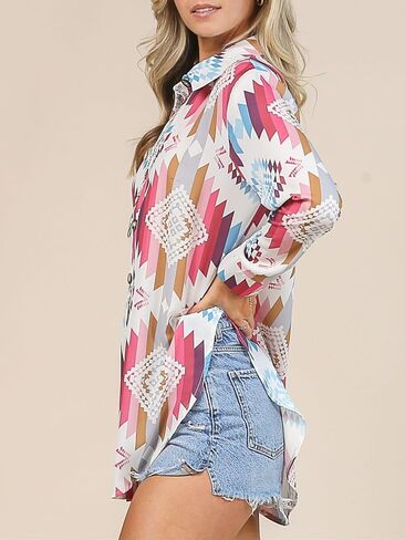 Womens Western Aztec Print Shirt Cowgirl Long Sleeve Button Down Tie Knot Shirt Top Tribal Rodeo Blouse in Saudi Arabia