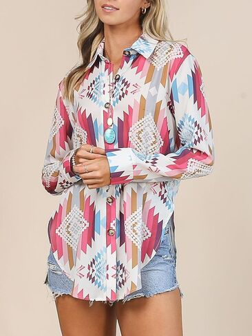 Womens Western Aztec Print Shirt Cowgirl Long Sleeve Button Down Tie Knot Shirt Top Tribal Rodeo Blouse in Saudi Arabia