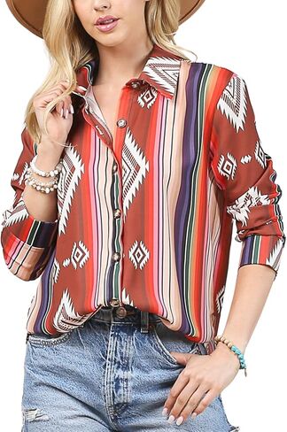 Womens Western Aztec Print Shirt Cowgirl Long Sleeve Button Down Tie Knot Shirt Top Tribal Rodeo Blouse in Saudi Arabia