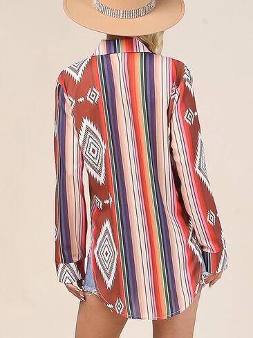 Womens Western Aztec Print Shirt Cowgirl Long Sleeve Button Down Tie Knot Shirt Top Tribal Rodeo Blouse in Saudi Arabia