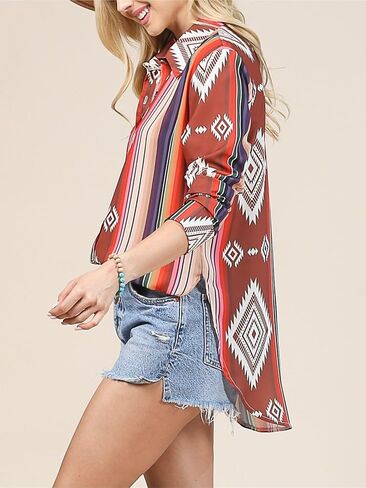 Womens Western Aztec Print Shirt Cowgirl Long Sleeve Button Down Tie Knot Shirt Top Tribal Rodeo Blouse in Saudi Arabia
