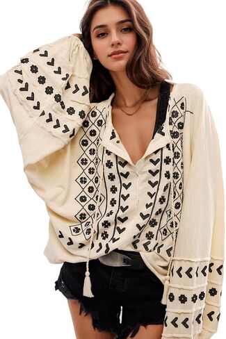 Kedera Womens Boho Embroidered Tops Floral Babydoll Tops Long Sleeve V Neck Peasant Blouses Mexican Shirt in Kuwait
