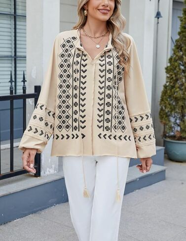Kedera Womens Boho Embroidered Tops Floral Babydoll Tops Long Sleeve V Neck Peasant Blouses Mexican Shirt in Kuwait