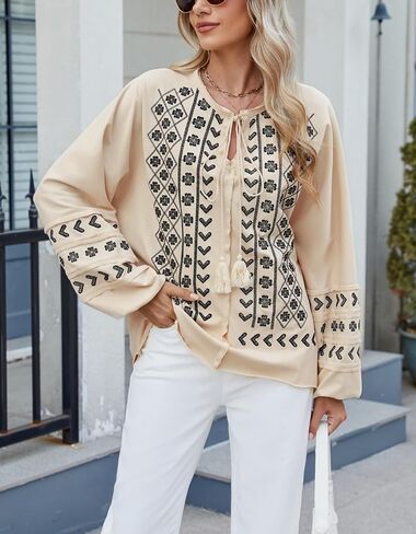 Kedera Womens Boho Embroidered Tops Floral Babydoll Tops Long Sleeve V Neck Peasant Blouses Mexican Shirt in Kuwait