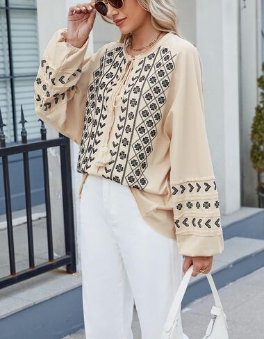 Kedera Womens Boho Embroidered Tops Floral Babydoll Tops Long Sleeve V Neck Peasant Blouses Mexican Shirt in Kuwait