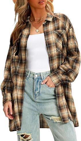 EXLURA Womens Plaid Flannel Shacket Long Sleeve Button Down Shirts Long Jackets Oversized Spring Fashion Outfits 2025 Clothes in Saudi Arabia