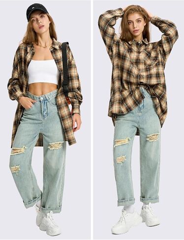 EXLURA Womens Plaid Flannel Shacket Long Sleeve Button Down Shirts Long Jackets Oversized Spring Fashion Outfits 2025 Clothes in Saudi Arabia