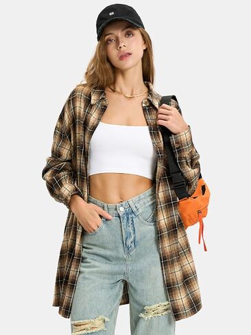 EXLURA Womens Plaid Flannel Shacket Long Sleeve Button Down Shirts Long Jackets Oversized Spring Fashion Outfits 2025 Clothes in Saudi Arabia
