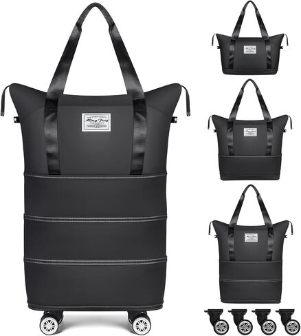 Large Rolling Duffle Bag with Wheels, Foldable Travel Bag with Wheels, 4 Layer Expandable Rolling Bag, Carry on Luggage Bag, Weekend Travel Bag for Women Men Duffel Bag, Black in Saudi Arabia