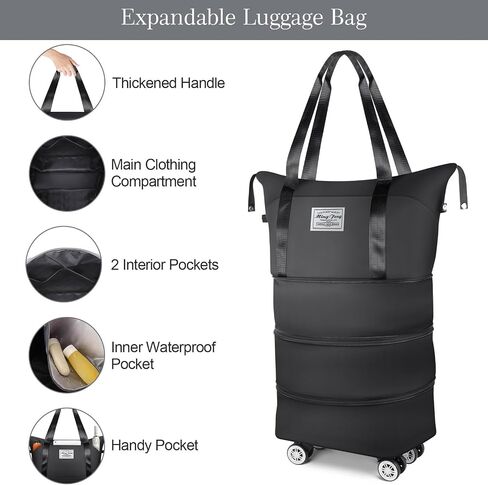 Large Rolling Duffle Bag with Wheels, Foldable Travel Bag with Wheels, 4 Layer Expandable Rolling Bag, Carry on Luggage Bag, Weekend Travel Bag for Women Men Duffel Bag, Black in Saudi Arabia