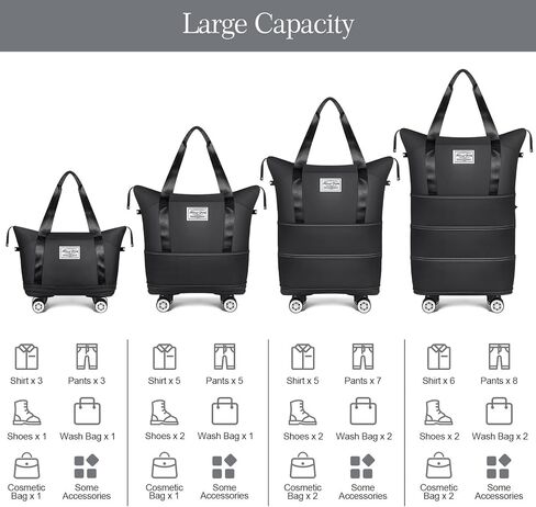 Large Rolling Duffle Bag with Wheels, Foldable Travel Bag with Wheels, 4 Layer Expandable Rolling Bag, Carry on Luggage Bag, Weekend Travel Bag for Women Men Duffel Bag, Black in Saudi Arabia