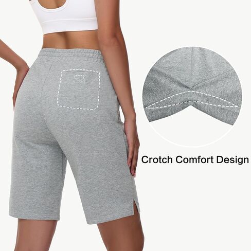 Women's 10" Cotton Bermuda Shorts - Jersey Long Sweat Knee Length Athletic Lounge Walking Summer Shorts with Zip Pocket in Saudi Arabia