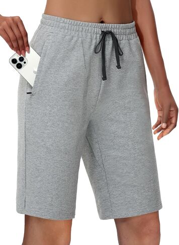 Women's 10" Cotton Bermuda Shorts - Jersey Long Sweat Knee Length Athletic Lounge Walking Summer Shorts with Zip Pocket in Saudi Arabia