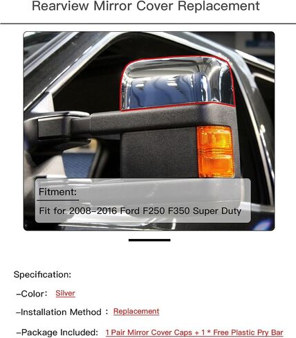 غطاء غطاء مرآة بديل مباشرة متوافق مع 2008-2016 Ford F250 F350 Super Duty Towing Mirror Chrome in Kuwait