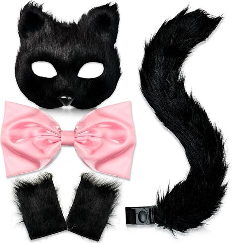 Cat Costume for Women Therian Furry Cat Mask Bow Cat Paw Gloves Long Tail Women's Cat Fox Outfit Set for Halloween in Saudi Arabia