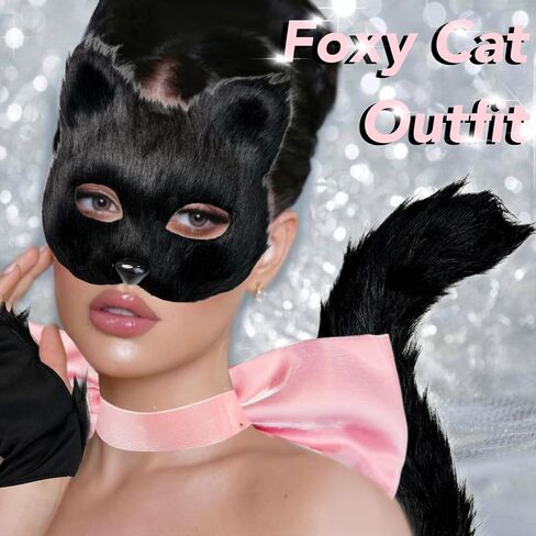Cat Costume for Women Therian Furry Cat Mask Bow Cat Paw Gloves Long Tail Women's Cat Fox Outfit Set for Halloween in Saudi Arabia