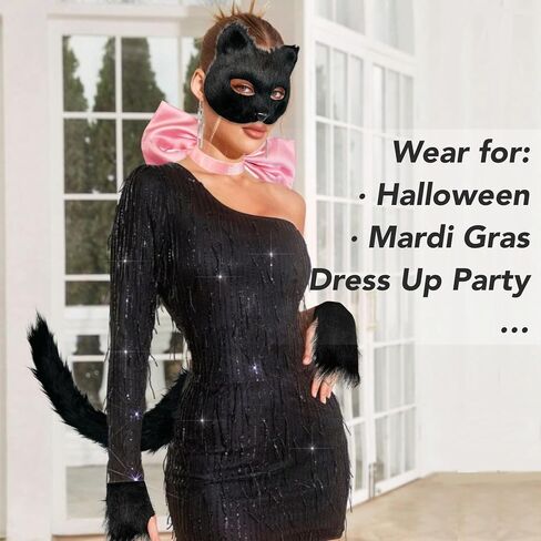 Cat Costume for Women Therian Furry Cat Mask Bow Cat Paw Gloves Long Tail Women's Cat Fox Outfit Set for Halloween in Saudi Arabia
